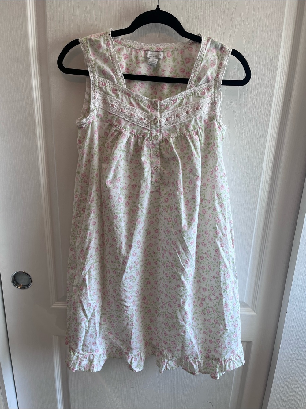 Charter Club Floral Cotton Nightgown XS Cottagecore Pink Rose Lace 100% Cotton
